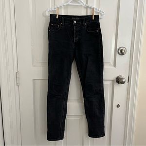 Aritzia Denim Forum jeans, Yoko Mid Rise Slim style, black, size 24, inseam 28"
